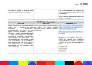 ou storm ou Bumper ou qualquer outra
cadência nesse mesmo nível técnico.
Vai tocar lentamente para identificar as
notas na pauta e aos poucos ir acelerando
o andamento.
Pode trabalhar de forma simultânea com
metais e percussão.
10ª SEMANA - Título da aula
CONTEÚDO OBJETIVO OBSERVAÇÕES
Metais: tocar todas as notas da escala de
acordo com a tonalidade de seus
respectivos instrumentos,
simultaneamente com teoria com as
figuras musicais: Semibreve, Mínima,
Semínima e pausas. Compassos Simples
e Barra de Compassos. Afinação,
Dinâmica e Articulação. Acentuações;
deslocamentos das acentuações nas
semicolcheias; flam; drag; Divisão rítmica
com semicolcheias: 4 semicolcheias,
duas semicolcheias com uma colcheia,
uma colcheia com duas semicolcheias,
semicolcheia com uma colcheia e mais
outra semicolcheia.
Fixar os conhecimentos de divisão rítmica
que utilizem as figuras musicais
semibreve, mínima, semínima, colcheia e
semicolcheia.
https://www.youtube.com/watch?v=fWPg
Ceaq11I&list=PL7hxH0HWvIZQheEW6c
S62-yc5MGcGRiIS&index=5
https://www.youtube.com/watch?v=y71E
Dc0SF24
Nesta aula, para metais e percussão, a
turma vai trabalhar com compassos
simples de Binário, ternário e quaternário.
Tocando um de cada vez e depois a turma
toda.
 