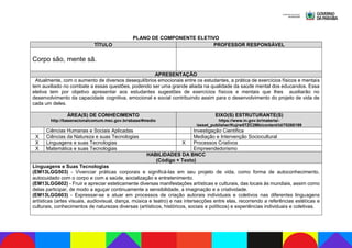 PLANO DE COMPONENTE ELETIVO
TÍTULO PROFESSOR RESPONSÁVEL
Corpo são, mente sã.
APRESENTAÇÃO
Atualmente, com o aumento de diversos desequilíbrios emocionais entre os estudantes, a prática de exercícios físicos e mentais
tem auxiliado no combate a essas questões, podendo ser uma grande aliada na qualidade da saúde mental dos educandos. Essa
eletiva tem por objetivo apresentar aos estudantes sugestões de exercícios físicos e mentais que lhes auxiliarão no
desenvolvimento da capacidade cognitiva, emocional e social contribuindo assim para o desenvolvimento do projeto de vida de
cada um deles.
ÁREA(S) DE CONHECIMENTO
http://basenacionalcomum.mec.gov.br/abase/#medio
EIXO(S) ESTRUTURANTE(S)
https://www.in.gov.br/materia/-
/asset_publisher/Kujrw0TZC2Mb/content/id/70268199
Ciências Humanas e Sociais Aplicadas Investigação Científica
X Ciências da Natureza e suas Tecnologias Mediação e Intervenção Sociocultural
X Linguagens e suas Tecnologias X Processos Criativos
X Matemática e suas Tecnologias Empreendedorismo
HABILIDADES DA BNCC
(Código + Texto)
Linguagens e Suas Tecnologias
(EM13LGG503) - Vivenciar práticas corporais e significá-las em seu projeto de vida, como forma de autoconhecimento,
autocuidado com o corpo e com a saúde, socialização e entretenimento.
(EM13LGG602) - Fruir e apreciar esteticamente diversas manifestações artísticas e culturais, das locais às mundiais, assim como
delas participar, de modo a aguçar continuamente a sensibilidade, a imaginação e a criatividade.
(EM13LGG603) - Expressar-se e atuar em processos de criação autorais individuais e coletivos nas diferentes linguagens
artísticas (artes visuais, audiovisual, dança, música e teatro) e nas intersecções entre elas, recorrendo a referências estéticas e
culturais, conhecimentos de naturezas diversas (artísticos, históricos, sociais e políticos) e experiências individuais e coletivas.
 