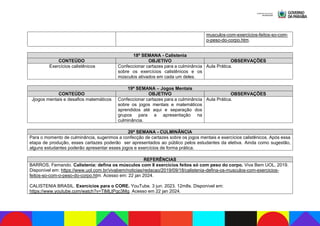 musculos-com-exercicios-feitos-so-com-
o-peso-do-corpo.htm.
18ª SEMANA - Calistenia
CONTEÚDO OBJETIVO OBSERVAÇÕES
Exercícios calistênicos Confeccionar cartazes para a culminância
sobre os exercícios calistênicos e os
músculos ativados em cada um deles.
Aula Prática.
19ª SEMANA – Jogos Mentais
CONTEÚDO OBJETIVO OBSERVAÇÕES
Jjogos mentais e desafios matemáticos Confeccionar cartazes para a culminância
sobre os jogos mentais e matemáticos
aprendidos até aqui e separação dos
grupos para a apresentação na
culminância.
Aula Prática.
20ª SEMANA - CULMINÂNCIA
Para o momento de culminância, sugerimos a confecção de cartazes sobre os jogos mentais e exercícios calistênicos. Após essa
etapa de produção, esses cartazes poderão ser apresentados ao público pelos estudantes da eletiva. Ainda como sugestão,
alguns estudantes poderão apresentar esses jogos e exercícios de forma prática.
REFERÊNCIAS
BARROS, Fernando. Calistenia: defina os músculos com 8 exercícios feitos só com peso do corpo. Viva Bem UOL, 2019.
Disponível em: https://www.uol.com.br/vivabem/noticias/redacao/2019/09/18/calistenia-defina-os-musculos-com-exercicios-
feitos-so-com-o-peso-do-corpo.htm. Acesso em: 22 jan 2024.
CALISTENIA BRASIL. Exercícios para o CORE. YouTube. 3 jun. 2023. 12m8s. Disponível em:
https://www.youtube.com/watch?v=TlMLtPqc3Mg. Acesso em 22 jan 2024.
 