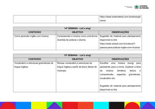 https://www.todamateria.com.br/estrangei
rismo/
14ª SEMANA - Let’s sing!
CONTEÚDO OBJETIVO OBSERVAÇÕES
Como aprender inglês com música. Compreender a música como uma forma
divertida de praticar o idioma.
Sugestão de material para planejamento
disponível no link:
https://www.wizard.com.br/cultura/7-
passos-para-praticar-ingles-com-musica/
15ª SEMANA – Let’s sing!
CONTEÚDO OBJETIVO OBSERVAÇÕES
Vocabulário e estruturas gramaticais da
língua inglesa.
Revisar vocabulário e estruturas da
língua inglesa a partir de lyrics (letras de
músicas).
Escolher uma música (song) para
apresentar para a turma. Explorar a letra
da música: temática, leitura e
compreensão, aspectos gramaticais,
vocabulário etc.
Sugestão de material para planejamento
disponível no link:
 