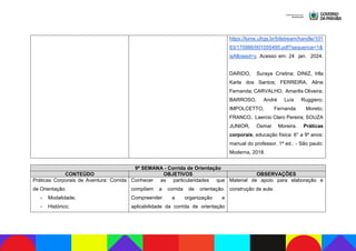 https://lume.ufrgs.br/bitstream/handle/101
83/170986/001055495.pdf?sequence=1&
isAllowed=y. Acesso em: 24 jan. 2024.
DARIDO, Suraya Cristina; DINIZ, Irlla
Karla dos Santos; FERREIRA, Aline
Fernanda; CARVALHO, Amarilis Oliveira;
BARROSO, André Luís Ruggiero;
IMPOLCETTO, Fernanda Moreto;
FRANCO, Laercio Claro Pereira; SOUZA
JUNIOR, Osmar Moreira. Práticas
corporais; educação física: 6° a 9º anos:
manual do professor. 1ª ed.: - São paulo:
Moderna, 2018.
9ª SEMANA - Corrida de Orientação
CONTEÚDO OBJETIVOS OBSERVAÇÕES
Práticas Corporais de Aventura: Corrida
de Orientação.
- Modalidade;
- Histórico;
Conhecer as particularidades que
compõem a corrida de orientação.
Compreender a organização e
aplicabilidade da corrida de orientação
Material de apoio para elaboração e
construção da aula:
 