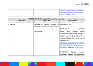 https://ricardoshimosakai.com.br/aventur
a-adaptada-a-pessoas-com-deficiencia/.
Acesso em: 25 jan. 2024.
15ª SEMANA - Deficiência, atividades físicas e natureza
CONTEÚDO OBJETIVO OBSERVAÇÕES
Aula prática: deficiência, atividades físicas
e natureza
Promover a inclusão através das práticas
corporais de aventura, utilizando as
adaptações necessárias, minimizando a
desigualdade, bem como qualquer tipo de
discriminação.
Material de apoio para elaboração e
construção da aula:
GONZÁLEZ, Fernando Jaime; DARIDO,
Suraya Cristina; OLIVEIRA, Amauri
Aparecido Bássoli de. Lutas, capoeira e
práticas corporais de aventura. 2ª. ed.
– Maringá: Eduem, 2017. v. 4 (192 p.)
Disponível em:
https://lume.ufrgs.br/bitstream/handle/101
83/170986/001055495.pdf?sequence=1&
isAllowed=y. Acesso em: 24 jan. 2024.
SHIMOSAKAI, Ricardo. Aventura
adaptada a pessoas com deficiência.
 