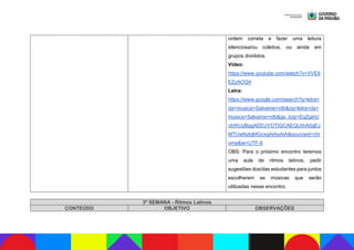 ordem correta e fazer uma leitura
silenciosa/ou coletiva, ou ainda em
grupos divididos.
Vídeo:
https://www.youtube.com/watch?v=VVE9
EZzAOQ4
Letra:
https://www.google.com/search?q=letra+
da+musica+Salvame+rdb&oq=letra+da+
musica+Salvame+rdb&gs_lcrp=EgZjaHJ
vbWUyBggAEEUYOTIGCAEQLhhA0gEJ
MTUwNzlqMGoxqAIAsAIA&sourceid=chr
ome&ie=UTF-8
OBS: Para o próximo encontro teremos
uma aula de ritmos latinos, pedir
sugestões dos/das estudantes para juntos
escolherem as músicas que serão
utilizadas nesse encontro.
3ª SEMANA - Ritmos Latinos
CONTEÚDO OBJETIVO OBSERVAÇÕES
 
