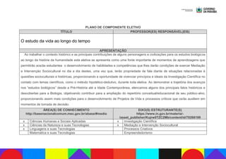 PLANO DE COMPONENTE ELETIVO
TÍTULO PROFESSOR(ES) RESPONSÁVEL(EIS)
O estudo da vida ao longo do tempo
APRESENTAÇÃO
Ao trabalhar o contexto histórico e as principais contribuições de alguns personagens e civilizações para os estudos biológicos
ao longo da história da humanidade esta eletiva se apresenta como uma fonte importante de momentos de aprendizagens que
permitirão aos/às estudantes o desenvolvimento de habilidades e competências que lhes darão condições de exercer Mediação
e Intervenção Sociocultural no dia a dia destes, uma vez que, terão propriedade de fala diante de situações relacionadas à
questões socioculturais e históricas, proporcionando a oportunidade de vivenciar princípios e ideais da Investigação Científica no
contato com temas científicos, como o método hipotético-dedutivo, durante toda eletiva. Ao demonstrar a trajetória dos avanços
nos “estudos biológicos” desde a Pré-História até a Idade Contemporânea, elencamos alguns dos principais fatos históricos e
descobertas para a Biologia, objetivando contribuir para a ampliação do repertório conceitual/educacional de seu público-alvo,
proporcionando assim mais condições para o desenvolvimento de Projetos de Vida e processos críticos que os/às auxiliem em
momentos de tomada de decisão.
ÁREA(S) DE CONHECIMENTO
http://basenacionalcomum.mec.gov.br/abase/#medio
EIXO(S) ESTRUTURANTE(S)
https://www.in.gov.br/materia/-
/asset_publisher/Kujrw0TZC2Mb/content/id/70268199
x Ciências Humanas e Sociais Aplicadas x Investigação Científica
x Ciências da Natureza e suas Tecnologias x Mediação e Intervenção Sociocultural
x Linguagens e suas Tecnologias Processos Criativos
Matemática e suas Tecnologias Empreendedorismo
 
