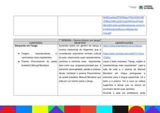 NnMGzwbdzZfTWDQssJYWpYkWeYdD
3FMkgYQ8mcZcEYsJpmRkVbxuP/his6-
08und03-texto-problematizacao-centro-4-
a-influencia-politica-e-religiosa-do-
inca.pdf
7ª SEMANA - Vamos dançar um tango?
CONTEÚDO OBJETIVO OBSERVAÇÕES
Dançando um Tango.
● Origem, características e
cantores/as mais importantes;
● Poema Pneumotórax do poeta
brasileiro Manuel Bandeira.
Aprender sobre um gênero de dança e
música tradicional da Argentina que é
considerado importante símbolo cultural
do país, observando suas características,
cantores e cantoras mais importantes,
bem como sua proposta principal que é
transmitir sensualidade, paixão e tristeza.
Ainda, conhecer o poema Pneumotórax,
do poeta brasileiro Manuel Bandeira que
trata em um trecho sobre o tango..
https://www.todamateria.com.br/tango/
https://www.youtube.com/watch?v=Gcxv
7i02lXc
Levar o texto impresso “Tango, origem e
características mais importantes" para a
sala de aula e o poema de Manuel
Bandeira em língua portuguesa e
traduzido para a língua espanhola. Lê o
texto e o poema. Ver e ouvir os vídeos
sugeridos e deixar que os alunos se
envolvam dando suas opiniões.
Durante a aula o/a professora, pode
 