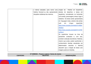 o idioma estudado, para narrar uma
história, ficcional ou não, apresentando
situações cotidianas dos mesmos.
criação de História em Quadrinho,
através de desenhos e textos em
sequência, normalmente na horizontal,
com enredo, personagens, tempo, lugar e
desfecho. Os textos serão apresentados
em linguagem mista, verbal e não-verbal,
tudo em Língua espanhola.
https://www.youtube.com/watch?v=KB5n
ZWpifLk
https://www.youtube.com/watch?v=UY55
zuCbLnI
Os quadrinhos inovam na hora de
apresentar conteúdos e, com isso,
prendem a atenção dos leitores. Histórias,
mesmo que curtas, podem aprofundar o
conhecimento dos/das estudantes em
determinados assuntos e fazê-los
descobrir que a criação de textos com
imagens pode ser divertida.
16ª SEMANA - Prepara a pipoca- Vamos de cinema
CONTEÚDO OBJETIVO OBSERVAÇÕES
 