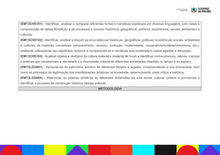 (EM13CHS101) - Identificar, analisar e comparar diferentes fontes e narrativas expressas em diversas linguagens, com vistas à
compreensão de ideias filosóficas e de processos e eventos históricos, geográficos, políticos, econômicos, sociais, ambientais e
culturais.
(EM13CHS102) - Identificar, analisar e discutir as circunstâncias históricas, geográficas, políticas, econômicas, sociais, ambientais
e culturais de matrizes conceituais (etnocentrismo, racismo, evolução, modernidade, cooperativismo/desenvolvimento etc.),
avaliando criticamente seu significado histórico e comparando-as a narrativas que contemplem outros agentes e discursos.
(EM13CHS104) - Analisar objetos e vestígios da cultura material e imaterial de modo a identificar conhecimentos, valores, crenças
e práticas que caracterizam a identidade e a diversidade cultural de diferentes sociedades inseridas no tempo e no espaço.
(EM13LGG601) - Apropriar-se do patrimônio artístico de diferentes tempos e lugares, compreendendo a sua diversidade, bem
como os processos de legitimação das manifestações artísticas na sociedade, desenvolvendo visão crítica e histórica.
(EM13LGG604) - Relacionar as práticas artísticas às diferentes dimensões da vida social, cultural, política e econômica e
identificar o processo de construção histórica dessas práticas.
METODOLOGIA
 