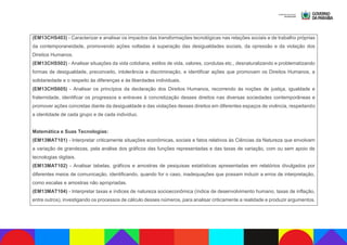 (EM13CHS403) - Caracterizar e analisar os impactos das transformações tecnológicas nas relações sociais e de trabalho próprias
da contemporaneidade, promovendo ações voltadas à superação das desigualdades sociais, da opressão e da violação dos
Direitos Humanos.
(EM13CHS502) - Analisar situações da vida cotidiana, estilos de vida, valores, condutas etc., desnaturalizando e problematizando
formas de desigualdade, preconceito, intolerância e discriminação, e identificar ações que promovam os Direitos Humanos, a
solidariedade e o respeito às diferenças e às liberdades individuais.
(EM13CHS605) - Analisar os princípios da declaração dos Direitos Humanos, recorrendo às noções de justiça, igualdade e
fraternidade, identificar os progressos e entraves à concretização desses direitos nas diversas sociedades contemporâneas e
promover ações concretas diante da desigualdade e das violações desses direitos em diferentes espaços de vivência, respeitando
a identidade de cada grupo e de cada indivíduo.
Matemática e Suas Tecnologias:
(EM13MAT101) - Interpretar criticamente situações econômicas, sociais e fatos relativos às Ciências da Natureza que envolvam
a variação de grandezas, pela análise dos gráficos das funções representadas e das taxas de variação, com ou sem apoio de
tecnologias digitais.
(EM13MAT102) - Analisar tabelas, gráficos e amostras de pesquisas estatísticas apresentadas em relatórios divulgados por
diferentes meios de comunicação, identificando, quando for o caso, inadequações que possam induzir a erros de interpretação,
como escalas e amostras não apropriadas.
(EM13MAT104) - Interpretar taxas e índices de natureza socioeconômica (índice de desenvolvimento humano, taxas de inflação,
entre outros), investigando os processos de cálculo desses números, para analisar criticamente a realidade e produzir argumentos.
 