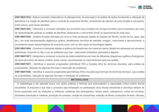 (EM13MAT203) - Aplicar conceitos matemáticos no planejamento, na execução e na análise de ações envolvendo a utilização de
aplicativos e a criação de planilhas (para o controle de orçamento familiar, simuladores de cálculos de juros simples e compostos,
entre outros), para tomar decisões.
(EM13MAT303) - Interpretar e comparar situações que envolvam juros simples com as que envolvem juros compostos, por meio
de representações gráficas ou análise de planilhas, destacando o crescimento linear ou exponencial de cada caso.
(EM13MAT404) - Analisar funções definidas por uma ou mais sentenças (tabela do Imposto de Renda, contas de luz, água, gás
etc.), em suas representações algébrica e gráfica, identificando domínios de validade, imagem, crescimento e decrescimento, e
convertendo essas representações de uma para outra, com ou sem apoio de tecnologias digitais.
(EM13MAT406) - Construir e interpretar tabelas e gráficos de frequências com base em dados obtidos em pesquisas por amostras
estatísticas, incluindo ou não o uso de softwares que inter - relacionem estatística, geometria e álgebra.
(EM13MAT407) - Interpretar e comparar conjuntos de dados estatísticos por meio de diferentes diagramas e gráficos (histograma,
de caixa (box-plot), de ramos e folhas, entre outros), reconhecendo os mais eficientes para sua análise.
(EM13MAT507) - Identificar e associar progressões aritméticas (PA) a funções afins de domínios discretos, para análise de
propriedades, dedução de algumas fórmulas e resolução de problemas.
(EM13MAT508) - Identificar e associar progressões geométricas (PG) a funções exponenciais de domínios discretos, para análise
de propriedades, dedução de algumas fórmulas e resolução de problemas.
METODOLOGIA
A metodologia a ser aplicada busca unir ações práticas e teóricas que potencializam a capacidade crítico-criativa dos/as
estudantes. A proposta é que todo o processo seja embasado na participação ativa dos/as estudantes e aconteça sempre de
forma associada com as situações e vivências cotidianas dos participantes. Sendo assim, utilizaremos, rodas de conversa,
atividades individuais e coletivas, produção de cartazes, criação de campanhas, exibição de filmes, produções de texto, oficinas,
 