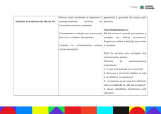 *Desafios Econômicos do século XXI.
Motivar os/as estudantes a realizarem o
acompanhamento contínuo do
instrumento durante o semestre.
Compreender a relação que a economia
tem com o cotidiano das pessoas.
Levantar os conhecimentos prévios
dos/as estudantes.
garantindo a igualdade de acesso para
todos/as.
https://www.ibge.gov.br/
No link acima é possível acompanhar a
variação dos índices econômicos.
Sugerimos realizar a exibição para iniciar
a conversa.
Roda de conversa para sondagem dos
conhecimentos prévios.
Proposta de questionamentos
motivadores:
1- O que você entende por economia?
2- Será que a economia interfere na vida
e no cotidiano das pessoas?
3- A economia de um país tem influência
sobre a qualidade de vida das pessoas?
4- Quais indicadores econômicos você
conhece?
 