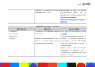 Relacionar os desafios econômicos e
seus efeitos macro e micro.
apresentação a partir do seguinte
questionamento: Quais são as
perspectivas econômicas para o Brasil
nos próximos dez anos?
https://www.bbc.com/portuguese/brasil-
52274059
7ª SEMANA - Operações Financeiras
CONTEÚDOS OBJETIVOS OBSERVAÇÕES
Empréstimos.
Financiamento.
Investimentos.
Poupança.
Compreender as operações financeiras
apresentadas.
Apresentar de forma detalhada como se
dá cada uma das transações financeiras
listadas, através de exemplos.
https://www.youtube.com/watch?v=p7ek
Tv2zx6E
Professor, além de explicar o caminho do
dinheiro, é importante apresentar as
características que uma moeda deve ter:
Meio de troca, unidade de conta e
reserva de valor.
Explique como se dão as transações
financeiras e relacione com o
conhecimento matemático de juros
simples e composto.
 