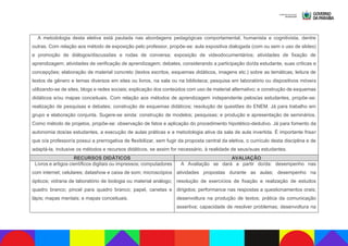 A metodologia desta eletiva está pautada nas abordagens pedagógicas comportamental, humanista e cognitivista, dentre
outras. Com relação aos método de exposição pelo professor, propõe-se: aula expositiva dialogada (com ou sem o uso de slides)
e promoção de diálogos/discussões e rodas de conversa; exposição de videodocumentários; atividades de fixação de
aprendizagem; atividades de verificação de aprendizagem; debates, considerando a participação do/da estudante, suas críticas e
concepções; elaboração de material concreto (textos escritos, esquemas didáticos, imagens etc.) sobre as temáticas; leitura de
textos de gênero e temas diversos em sites ou livros, na sala ou na biblioteca; pesquisa em laboratório ou dispositivos móveis
utilizando-se de sites, blogs e redes sociais; explicação dos conteúdos com uso de material alternativo; e construção de esquemas
didáticos e/ou mapas conceituais. Com relação aos métodos de aprendizagem independente pelos/as estudantes, propõe-se:
realização de pesquisas e debates; construção de esquemas didáticos; resolução de questões do ENEM. Já para trabalho em
grupo e elaboração conjunta. Sugere-se ainda: construção de modelos; pesquisas; e produção e apresentação de seminários.
Como método de projetos, propõe-se: observação de fatos e aplicação do procedimento hipotético-dedutivo. Já para fomento da
autonomia dos/as estudantes, a execução de aulas práticas e a metodologia ativa da sala de aula invertida. É importante frisar
que o/a professor/a possui a prerrogativa de flexibilizar, sem fugir da proposta central da eletiva, o currículo desta disciplina e de
adaptá-la, inclusive os métodos e recursos didáticos, se assim for necessário, à realidade de seus/suas estudantes.
RECURSOS DIDÁTICOS AVALIAÇÃO
Livros e artigos científicos digitais ou impressos; computadores
com internet; celulares; datashow e caixa de som; microscópios
ópticos; vidraria de laboratório de biologia ou material análogo;
quadro branco; pincel para quadro branco; papel, canetas e
lápis; mapas mentais; e mapas conceituais.
A Avaliação se dará a partir do/da: desempenho nas
atividades propostas durante as aulas; desempenho na
resolução de exercícios de fixação e realização de estudos
dirigidos; performance nas respostas a questionamentos orais;
desenvoltura na produção de textos; prática da comunicação
assertiva; capacidade de resolver problemas; desenvoltura na
 