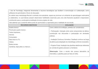 – Uso de Tecnologia, integrando ferramentas e recursos tecnológicos que facilitam a comunicação e a colaboração, como
softwares de aprendizado e fóruns de discussão.
Ao adotar essa metodologia flexível e centrada no/a estudante, espera-se promover um ambiente de aprendizagem estimulante
e colaborativo, no qual eles/as possam desenvolver habilidades essenciais para uma vida financeira saudável e responsável,
contribuindo para a construção/consolidação de seus projetos de vida.
Vale salientar que a presente eletiva pode ser aprimorada ou repensada para a realidade de sua escola.
RECURSOS DIDÁTICOS AVALIAÇÃO
Quadro branco;
Pincel para quadro branco;
Textos impressos;
Internet;
Computador;
Data show ou TV;
Vídeos;
Redes sociais;
Cartolinas, lápis piloto ou hidrocor.
Como critérios de avaliação, poderão ser considerados:
– Participação: Interação entre os/as componentes da eletiva,
contribuição nas discussões e participação em atividades
práticas.
– Avaliação Contínua e formativa: Feedback contínuo ao longo
da eletiva para adaptação da metodologia conforme necessário.
– Projetos Finais: Avaliação das planilhas eletrônicas referentes
ao controle de gastos pessoais ou familiares.
Observação: Caso a escola não possua laboratório de
informática, a planilha pode ser feita em folha.
 