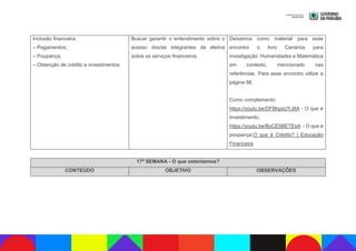 Inclusão financeira:
– Pagamentos;
– Poupança;
– Obtenção de crédito e investimentos.
Buscar garantir o entendimento sobre o
acesso dos/as integrantes da eletiva
sobre os serviços financeiros.
Deixamos como material para esse
encontro o livro Cenários para
investigação: Humanidades e Matemática
em contexto, mencionado nas
referências. Para esse encontro utilize a
página 66.
Como complemento:
https://youtu.be/DFBhpxUYJ8A - O que é
Investimento;
https://youtu.be/ByCE5BETEsA - O que é
poupança;O que é Crédito? | Educação
Financeira
17ª SEMANA - O que ostentamos?
CONTEÚDO OBJETIVO OBSERVAÇÕES
 