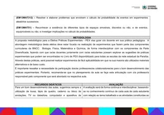 (EM13MAT312) – Resolver e elaborar problemas que envolvem o cálculo de probabilidade de eventos em experimentos
aleatórios sucessivos.
(EM13MAT51) – Reconhecer a existência de diferentes tipos de espaços amostrais, discretos ou não, e de eventos,
equiprováveis ou não, e investigar implicações no cálculo de probabilidades.
METODOLOGIA
A proposta metodológica para a Eletiva Práticas Experimentais - PEX visa guiar o/a docente em sua prática pedagógica. A
abordagem metodológica desta eletiva deve estar focada na realização de experimentos que fazem parte dos componentes
curriculares da BNCC: Biologia, Física, Matemática e Química, de forma interdisciplinar com os componentes da Parte
Diversificada, fazendo com que os/as docentes juntamente com os/as estudantes possam explorar as sugestões de práticas
experimentais que podem ser encontradas no Livro de PEX disponibilizado para todas as escolas da rede estadual da Paraíba.
Através destas práticas, será possível realizar experimentos de fácil aplicabilidade em que na sua maioria são utilizados materiais
alternativos e de baixo custo.
É importante ressaltar a necessidade da participação dos/as professores/as colaboradores/as para o bom desenvolvimento das
práticas experimentais. Portanto, recomenda-se que no planejamento da aula se faça esta articulação com o/a professor/a
responsável pelo componente que será abordado na respectiva aula.
RECURSOS DIDÁTICOS AVALIAÇÃO
Para um bom desenvolvimento das aulas, sugerimos sempre a
utilização de lousa, lápis de quadro, caderno ou bloco de
anotações, TV ou datashow, computador e aparelhos de
A avaliação será de forma contínua e interdisciplinar, baseando-
se no conhecimento contínuo de cada aula de cada estudante
com relação ao tema trabalhado e as atividades constituídas ao
 