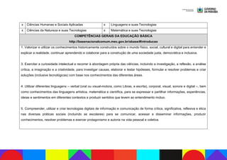 x Ciências Humanas e Sociais Aplicadas x Linguagens e suas Tecnologias
x Ciências da Natureza e suas Tecnologias x Matemática e suas Tecnologias
COMPETÊNCIAS GERAIS DA EDUCAÇÃO BÁSICA
http://basenacionalcomum.mec.gov.br/abase/#introducao
1. Valorizar e utilizar os conhecimentos historicamente construídos sobre o mundo físico, social, cultural e digital para entender e
explicar a realidade, continuar aprendendo e colaborar para a construção de uma sociedade justa, democrática e inclusiva.
3. Exercitar a curiosidade intelectual e recorrer à abordagem própria das ciências, incluindo a investigação, a reflexão, a análise
crítica, a imaginação e a criatividade, para investigar causas, elaborar e testar hipóteses, formular e resolver problemas e criar
soluções (inclusive tecnológicas) com base nos conhecimentos das diferentes áreas.
4. Utilizar diferentes linguagens – verbal (oral ou visual-motora, como Libras, e escrita), corporal, visual, sonora e digital –, bem
como conhecimentos das linguagens artística, matemática e científica, para se expressar e partilhar informações, experiências,
ideias e sentimentos em diferentes contextos e produzir sentidos que levem ao entendimento mútuo.
5. Compreender, utilizar e criar tecnologias digitais de informação e comunicação de forma crítica, significativa, reflexiva e ética
nas diversas práticas sociais (incluindo as escolares) para se comunicar, acessar e disseminar informações, produzir
conhecimentos, resolver problemas e exercer protagonismo e autoria na vida pessoal e coletiva.
 
