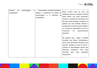 Contrato de aprendizagem e
autodidatismo.
Compreender o propósito da Eletiva.
Explicar a importância do contrato de
aprendizagem e a definição de
autodidatismo.
Nesta primeira parte da aula, o/a
professor/a deve ler e socializar a ementa
desta Eletiva com os/as estudantes.
Inclusive, a proposta de culminância que
fica para os/as estudantes validarem ou
optarem por outra atividade. Explicar a
importância do contrato de aprendizagem,
e o conceito de Autodidatismo como um
mecanismo de desenvolvimento
estudantil.
Na segunda aula, utilizar o material
norteador para Eletiva “Autodidatismo:
como minha performance favorece meus
estudos? intitulado de aula 05 sobre o
Contrato de Aprendizagem através das
perguntas norteadoras. Abrir para
discussão após os/as estudantes
responderem.
 