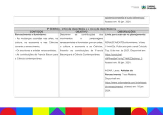 epidemia-endemia-e-surto-diferencas/.
Acesso em: 18 jan. 2024.
9ª SEMANA - O fim da Idade Média e o início da Idade Moderna
CONTEÚDO OBJETIVO OBSERVAÇÕES
Renascimento e Iluminismo:
- As mudanças ocorridas nas artes, na
cultura, na economia e nas Ciências
durante o renascimento;
- Os escritores e artistas renascentistas;
- As contribuições de Francis Bacon para
a Ciência contemporânea.
Descrever as contribuições dos
movimentos e personagens
renascentistas e iluministas para as artes,
a cultura, a economia e as Ciências,
frisando as contribuições de Francis
Bacon para a Ciência Contemporânea.
Links para acessar no planejamento:
RENASCIMENTO e Iluminismo. Vídeo.
11min02s. Publicado pelo canal Caboclo
Top. 8 de mar. de 2021. Disponível em:
https://youtu.be/-
n9Pfrwa5wI?si=lz7YkWZOpdrxnp_3.
Acesso em: 18 jan. 2024.
AIDAR, Laura. Artistas do
Renascimento. Toda Matéria.
Disponível em:
https://www.todamateria.com.br/artistas-
do-renascimento/. Acesso em: 18 jan.
2024.
 