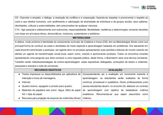 C9 - Exercitar a empatia, o diálogo, a resolução de conflitos e a cooperação, fazendo-se respeitar e promovendo o respeito ao
outro e aos direitos humanos, com acolhimento e valorização da diversidade de indivíduos e de grupos sociais, seus saberes,
identidades, culturas e potencialidades, sem preconceitos de qualquer natureza.
C10 - Agir pessoal e coletivamente com autonomia, responsabilidade, flexibilidade, resiliência e determinação, tomando decisões
com base em princípios éticos, democráticos, inclusivos, sustentáveis e solidários.
METODOLOGIA
A eletiva, muito próxima à identidade do componente curricular de Colabore e Inove (Ci9), tem as Metodologias Ativas como sua
principal forma de conduzir as aulas e atividades de modo especial a aprendizagem baseada em problemas. O/a estudante em
cada encontro será levado a participar, ser agente ativo no processo apresentando suas opiniões e leituras de mundo visando ser
ele/ela um agente de transformação social local, assim como, criando e aprimorando produtos. Todos os encontros iniciarão
apresentando uma pergunta que deve conduzir a uma resposta prática, desta forma, o Brainstorm será uma técnica constante.
Também serão métodos/estratégias de ensino-aprendizagem: aulas expositivas dialogadas, produções de textos e materiais,
pesquisas e estudos e roda de conversas.
RECURSOS DIDÁTICOS AVALIAÇÃO
● Textos impressos ou disponibilizados por aplicativos de
interação e troca de mensagens;
● Internet;
● Quadro branco, apagador e pincéis para quadro;
● Materiais de papelaria tais como: régua, folha de papel
A4,1 clipe de papel;
● Recursos para projeção de arquivos de multimídia (Smart
Compreendendo ser a avaliação um movimento inerente à
aprendizagem, os estudantes serão avaliados de forma
contínua, processual e qualitativa. Os/as professores/as junto
aos/as estudantes devem, no encontro 02, elaborar um contrato
de aprendizagem com objetivo de estabelecer critérios
avaliativos. Recomenda-se que sejam assumidos como
critérios:
 