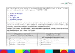 nela presentes, além de outros materiais que serão disponibilizados no LINK DE MATERIAIS da eletiva, e norteará o
desenvolvimento das atividades que, aqui, forem propostas. LINKS IMPORTANTES:
1. PASTA COM MATERIAIS
2. PROPOSTA
3. GPS DA ELETIVA
4. SEQUÊNCIA DIDÁTICA
Ao concluírem esse componente curricular, os/a jovens serão convocados/as a desenvolverem um projeto ou ação de intervenção
na escola, comunidade ou cidade, com o objetivo de testar suas habilidades protagonistas. Com esse percurso formativo, a ideia
é que ao final, os estudantes possam atuar com maior iniciativa, liberdade e compromisso.
Professor/a, todo o material aqui inserido, e todo o planejamento pré-estruturado pode ser adaptado e ajustado de acordo com
suas necessidades locais. Fique à vontade e bom trabalho!
ÁREA(S) DE CONHECIMENTO
http://basenacionalcomum.mec.gov.br/abase/#medio
EIXO(S) ESTRUTURANTE(S)
https://www.in.gov.br/materia/-
/asset_publisher/Kujrw0TZC2Mb/content/id/70268199
X Ciências Humanas e Sociais Aplicadas X Investigação Científica
X Ciências da Natureza e suas Tecnologias X Mediação e Intervenção sociocultural
X Linguagens e suas Tecnologias X Processos Criativos
X Matemática e suas Tecnologias X Empreendedorismo
 