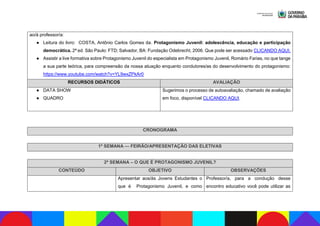 ao/à professor/a:
● Leitura do livro: COSTA, Antônio Carlos Gomes da. Protagonismo Juvenil: adolescência, educação e participação
democrática. 2ª ed. São Paulo: FTD; Salvador, BA: Fundação Odebrecht, 2006. Que pode ser acessado CLICANDO AQUI.
● Assistir a live formativa sobre Protagonismo Juvenil do especialista em Protagonismo Juvenil, Romário Farias, no que tange
a sua parte teórica, para compreensão da nossa atuação enquanto condutores/as do desenvolvimento do protagonismo:
https://www.youtube.com/watch?v=YL9wxZPkAr0
RECURSOS DIDÁTICOS AVALIAÇÃO
● DATA SHOW
● QUADRO
Sugerimos o processo de autoavaliação, chamado de avaliação
em foco, disponível CLICANDO AQUI.
CRONOGRAMA
1ª SEMANA — FEIRÃO/APRESENTAÇÃO DAS ELETIVAS
2ª SEMANA – O QUE É PROTAGONISMO JUVENIL?
CONTEÚDO OBJETIVO OBSERVAÇÕES
Apresentar aos/às Jovens Estudantes o
que é Protagonismo Juvenil, e como
Professor/a, para a condução desse
encontro educativo você pode utilizar as
 