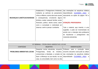 MUDANÇAS CLIMÁTICAS MUNDIAIS
fortalecendo o Protagonismo Ambiental,
mediante ao estímulo do pensamento
crítico e reflexivo, acerca das suas causas
e consequências, envolvendo alguns
âmbitos, a saber: pessoal, familiar, social,
financeiro, político, dentre outros, assim
como a curiosidade e criatividade em
observar, sentir e pensar o ambiente.
das orientações da sequência didática
disponibilizada CLICANDO AQUI, e
executando as ações da página 142 a
147.
ATENÇÃO, PROFESSOR/A
Todo o material, aqui inserido, é uma
sugestão, e pode ser incrementado de
acordo com a intenção do/a professor/a
de impulsionar o protagonismo dos
nossos/as estudantes.
12ª SEMANA – PROBLEMAS AMBIENTAIS LOCAIS
CONTEÚDO OBJETIVO OBSERVAÇÕES
PROBLEMAS AMBIENTAIS LOCAIS
Despertar nos/as estudantes, enquanto
Protagonistas, fontes de iniciativa,
compromisso e liberdade, a vontade de
fazer a diferença na sua escola, na sua
casa, na comunidade, bem como na vida
Professor, para a condução desse
encontro educativo você pode se utilizar
das orientações da sequência didática
disponibilizada CLICANDO AQUI, e
 