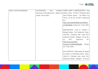 óptico e suas funcionalidades. funcionalidades, para visualizar
estruturas microscópicas (Ex.: células de
cebola - link ao lado).
COMO USAR O MICROSCÓPIO - Na
prática. Vídeo. 17min31s. Publicado pelo
canal Renata Aquino - Do Básico ao
Clínico. 20 de abr. de 2021. Disponível
em:
https://youtu.be/rBFQ9lqPryo?si=MwFrn
mI17BO-MDxZ. Acesso em: 18 jan. 2024.
MICROSCOPIA - Aula 14 - Módulo 1:
Biologia Celular - Prof. Guilherme. Vídeo.
19min26s. Publicado pelo canal Prof.
Guilherme Goulart - Biologia. 29 de abr.
de 2021. Disponível em:
https://youtu.be/xA2hb-
9cupU?si=LVQ5oEaHRf8ai09j. Acesso
em: 18 jan. 2024.
AULA PRÁTICA - Observação de células
da cebola no microscópio óptico. Vídeo.
18min11s. Publicado pelo canal Prof.
Guilherme Goulart - Biologia. 14 de out.
 