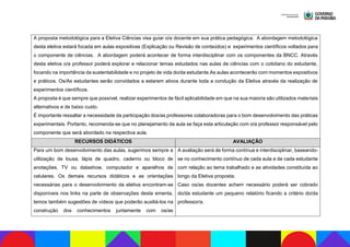 A proposta metodológica para a Eletiva Ciências visa guiar o/a docente em sua prática pedagógica. A abordagem metodológica
desta eletiva estará focada em aulas expositivas (Explicação ou Revisão de conteúdos) e experimentos científicos voltados para
o componente de ciências. A abordagem poderá acontecer de forma interdisciplinar com os componentes da BNCC. Através
desta eletiva o/a professor poderá explorar e relacionar temas estudados nas aulas de ciências com o cotidiano do estudante,
focando na importância da sustentabilidade e no projeto de vida do/da estudante.As aulas acontecerão com momentos expositivos
e práticos. Os/As estudantes serão convidados a estarem ativos durante toda a condução da Eletiva através da realização de
experimentos científicos.
A proposta é que sempre que possível, realizar experimentos de fácil aplicabilidade em que na sua maioria são utilizados materiais
alternativos e de baixo custo.
É importante ressaltar a necessidade da participação dos/as professores colaboradoras para o bom desenvolvimento das práticas
experimentais. Portanto, recomenda-se que no planejamento da aula se faça esta articulação com o/a professor responsável pelo
componente que será abordado na respectiva aula.
RECURSOS DIDÁTICOS AVALIAÇÃO
Para um bom desenvolvimento das aulas, sugerimos sempre a
utilização de lousa, lápis de quadro, caderno ou bloco de
anotações, TV ou datashow, computador e aparelhos de
celulares. Os demais recursos didáticos e as orientações
necessárias para o desenvolvimento da eletiva encontram-se
disponíveis nos links na parte de observações desta ementa,
temos também sugestões de vídeos que poderão auxiliá-los na
construção dos conhecimentos juntamente com os/as
A avaliação será de forma contínua e interdisciplinar, baseando-
se no conhecimento contínuo de cada aula e de cada estudante
com relação ao tema trabalhado e as atividades constituída ao
longo da Eletiva proposta.
Caso os/as docentes achem necessário poderá ser cobrado
do/da estudante um pequeno relatório ficando a critério do/da
professor/a.
 