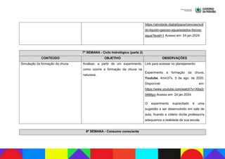 https://atividade.digital/jogos/ciencias/soli
do-liquido-gasoso-agua/estados-fisicos-
agua?level=1 Acesso em: 24 jan.2024.
7ª SEMANA - Ciclo hidrológico (parte 2)
CONTEÚDO OBJETIVO OBSERVAÇÕES
Simulação da formação da chuva Analisar, a partir de um experimento,
como ocorre a formação da chuva na
natureza.
Link para acessar no planejamento:
Experimento a formação da chuva.
Youtube. 4min37s. 5 de ago. de 2020.
Disponível em:
https://www.youtube.com/watch?v=X6a2r
94Mtpo Acesso em: 24 jan.2024.
O experimento supracitado é uma
sugestão a ser desenvolvido em sala de
aula, ficando a critério do/da professor/a
adequamos a realidade de sua escola.
8ª SEMANA - Consumo consciente
 