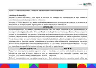 (EF06CI13) Selecionar argumentos e evidências que demonstrem a esfericidade da Terra.
Habilidades de Matemática
(EF06MA22) Utilizar instrumentos, como réguas e esquadros, ou softwares para representações de retas paralelas e
perpendiculares e construção de quadriláteros, entre outros.
(EF06MA23) Construir algoritmos para resolver situações passo a passo (como na construção de dobraduras ou na indicação de
deslocamento de um objeto no plano segundo pontos de referência e distâncias fornecidas etc.).
METODOLOGIA
A proposta metodológica para a Eletiva Práticas Experimentais - PEX visa orientar o/a docente em sua prática pedagógica. A
abordagem metodológica desta eletiva deve estar focada na realização de experimentos que fazem parte do componente
curricular de ciências para o 6º Ano do Ensino Fundamental, de forma interdisciplinar com os componentes da Parte Diversificada,
permitindo que os/as docentes, juntamente com os/as estudantes, explorem as sugestões das práticas experimentais sugeridas.
Através dessas práticas será possível realizar experimentos de fácil aplicabilidade, utilizando principalmente materiais alternativos
e de baixo custo. É importante ressaltar a necessidade da participação dos/as professores/as colaboradores/as para o bom
desenvolvimento das práticas experimentais. Portanto, recomenda-se que, durante o planejamento da aula, haja essa articulação
com o/a professor/a responsável pelo componente que será abordado na respectiva aula.
RECURSOS DIDÁTICOS AVALIAÇÃO
Para um bom desenvolvimento das aulas sugerimos sempre a
utilização de lousa, lápis de quadro, caderno ou bloco de
anotações, TV ou datashow, Computador e aparelhos celulares.
Os demais recursos didáticos e as orientações necessárias para
A avaliação será contínua e interdisciplinar, baseando-se no
desenvolvimento das habilidades propostas para cada
componente.
Caso os/as docentes achem necessário, poderá solicitar que
 
