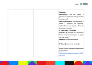 Pós-vídeo
Interrogação: "Por que objetos e
pessoas flutuam? Como conseguem ficar
imóveis no ar?"
Referência ao Cartaz: Sugira consultar o
cartaz e organizar as respostas,
explicando que no espaço a força da
gravidade é reduzida.
5ª Etapa: Peso e Gravidade
Questão: "A gravidade atua da mesma
forma, independente do peso do objeto
que está caindo?"
Registro: Anotem as respostas.
.
6ª Etapa: Experimento de Queda
Projete o vídeo mostrando o experimento
de queda livre.
https://www.youtube.com/watch?v=cCDS
FYFJ4NU
 