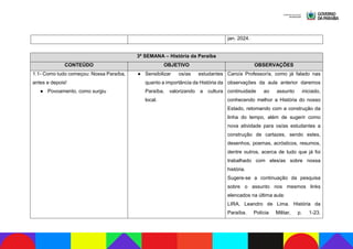 jan. 2024.
3ª SEMANA – História da Paraíba
CONTEÚDO OBJETIVO OBSERVAÇÕES
1.1- Como tudo começou: Nossa Paraíba,
antes e depois!
● Povoamento, como surgiu
● Sensibilizar os/as estudantes
quanto a importância da História da
Paraíba, valorizando a cultura
local.
Caro/a Professor/a, como já falado nas
observações da aula anterior daremos
continuidade ao assunto iniciado,
conhecendo melhor a História do nosso
Estado, retomando com a construção da
linha do tempo, além de sugerir como
nova atividade para os/as estudantes a
construção de cartazes, sendo estes,
desenhos, poemas, acrósticos, resumos,
dentre outros, acerca de tudo que já foi
trabalhado com eles/as sobre nossa
história.
Sugere-se a continuação da pesquisa
sobre o assunto nos mesmos links
elencados na última aula:
LIRA, Leandro de Lima. História da
Paraíba. Polícia Militar, p. 1-23.
 