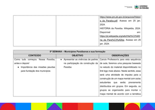 https://www.pm.pb.gov.br/arquivos/Histori
a_da_Paraiba.pdf. Acesso em 25 jan.
2024.
HISTÓRIA da Paraíba. Wikipédia, 2024.
Disponível em:
https://pt.wikipedia.org/wiki/Hist%C3%B3
ria_da_Para%C3%ADba. Acesso em 25
jan. 2024.
5ª SEMANA – Municípios Paraibanos e sua formação
CONTEÚDO OBJETIVO OBSERVAÇÕES
Como tudo começou: Nossa Paraíba,
antes e depois!
● Importância das missões jesuítas
para fundação dos municípios
● Apresentar as vivências de padres
na participação da construção da
Paraíba
Caro/a Professor/a para esta sequência
de aula, faremos uma pesquisa baseada
no estudo do material disponibilizado no
link logo mais abaixo. Neste sentido, essa
será uma atividade de impulso para a
construção de um mapa mental com os/as
estudantes que serão previamente
distribuídos em grupos. Em seguida, os
grupos se organizarão para montar o
mapa mental de acordo com a temática
 