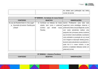da cidade para publicação nas redes
sociais da escola.
15ª SEMANA - As belezas do nosso Estado!
CONTEÚDO OBJETIVO OBSERVAÇÕES
Eu sou da Paraíba! Este é o meu Lugar!
● Ascensão do turismo: Paraíba para
o Brasil
● Conhecer as belezas do nosso
estado, bem como o potencial
turístico que remete nossa
Paraíba.
Caro/a Professor/a, para esta aula
sugerimos como estratégia, observar o
potencial turístico da sua Regional, e junto
com os/as estudantes realizar uma
pesquisa dos principais pontos turísticos
que envolvem esta localidade, suscitando
como atividade a produção de um mural
com imagens e descrição destes pontos,
levando os/as estudantes a perceberem o
quão rico é o nosso turismo, e que
próximo a realidade deles(as) existe um
potencial incrível.
16ª SEMANA – Literatura Paraibana
CONTEÚDO OBJETIVO OBSERVAÇÕES
 