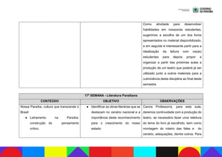 Como atividade para desenvolver
habilidades em nossos/as estudantes,
sugerimos a escolha de um dos livros
apresentados no material disponibilizado,
e em seguida é interessante partir para a
idealização da leitura com os(as)
estudantes para depois propor e
organizar a partir das próximas aulas a
produção de um teatro que poderá já ser
utilizado junto a outros materiais para a
culminância desta disciplina ao final deste
semestre.
17ª SEMANA - Literatura Paraibana
CONTEÚDO OBJETIVO OBSERVAÇÕES
Nossa Paraíba, cultura que transcende o
Brasil
● Letramento na Paraíba:
construção do pensamento
crítico.
● Identificar as obras literárias que se
destacam no cenário nacional e a
importância deste reconhecimento
para o crescimento do nosso
estado.
Caro/a Professor/a, para esta aula,
daremos continuidade com a produção do
teatro, se necessário fazer uma releitura
do tema do livro já escolhido, bem como
montagem do roteiro das falas e do
cenário, adequações, dentre outros. Para
 