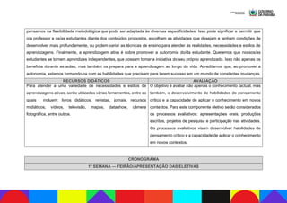 pensamos na flexibilidade metodológica que pode ser adaptada às diversas especificidades. Isso pode significar e permitir que
o/a professor e os/as estudantes diante dos conteúdos propostos, escolham as atividades que desejam e tenham condições de
desenvolver mais profundamente, ou podem variar as técnicas de ensino para atender às realidades, necessidades e estilos de
aprendizagens. Finalmente, a aprendizagem ativa é sobre promover a autonomia do/da estudante. Queremos que nossos/as
estudantes se tornem aprendizes independentes, que possam tomar a iniciativa do seu próprio aprendizado. Isso não apenas os
beneficia durante as aulas, mas também os prepara para a aprendizagem ao longo da vida. Acreditamos que, ao promover a
autonomia, estamos formando-os com as habilidades que precisam para terem sucesso em um mundo de constantes mudanças.
RECURSOS DIDÁTICOS AVALIAÇÃO
Para atender a uma variedade de necessidades e estilos de
aprendizagens ativas, serão utilizadas várias ferramentas, entre as
quais incluem: livros didáticos, revistas, jornais, recursos
midiáticos, vídeos, televisão, mapas, datashow, câmera
fotográfica, entre outros.
O objetivo é avaliar não apenas o conhecimento factual, mas
também, o desenvolvimento de habilidades de pensamento
crítico e a capacidade de aplicar o conhecimento em novos
contextos. Para este componente eletivo serão considerados
os processos avaliativos: apresentações orais, produções
escritas, projetos de pesquisa e participação nas atividades.
Os processos avaliativos visam desenvolver habilidades de
pensamento crítico e a capacidade de aplicar o conhecimento
em novos contextos.
CRONOGRAMA
1ª SEMANA — FEIRÃO/APRESENTAÇÃO DAS ELETIVAS
 