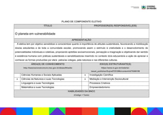 PLANO DE COMPONENTE ELETIVO
TÍTULO PROFESSOR(ES) RESPONSÁVEL(EIS)
O planeta em vulnerabilidade
APRESENTAÇÃO
A eletiva tem por objetivo sensibilizar e conscientizar quanto à importância de atitudes sustentáveis, favorecendo a mobilização
dos/as estudantes e de toda a comunidade escolar, promovendo assim o estímulo à criatividade e o desenvolvimento de
potencialidades individuais e coletivas, propiciando aptidões socioemocionais, percepção e imaginação e objetivando dar sentido
à existência humana com práticas sustentáveis e sensibilizadoras inserindo no contexto do/a educando/a a ação de apreciar e
conhecer as formas produzidas por ele/a pelos/as colegas, pela natureza e nas diferentes culturas.
ÁREA(S) DE CONHECIMENTO
http://basenacionalcomum.mec.gov.br/abase/#medio
EIXO(S) ESTRUTURANTE(S)
https://www.in.gov.br/materia/-
/asset_publisher/Kujrw0TZC2Mb/content/id/70268199
Ciências Humanas e Sociais Aplicadas x Investigação Científica
x Ciências da Natureza e suas Tecnologias x Mediação e Intervenção Sociocultural
Linguagens e suas Tecnologias Processos Criativos
Matemática e suas Tecnologias Empreendedorismo
HABILIDADES DA BNCC
(Código + Texto)
 
