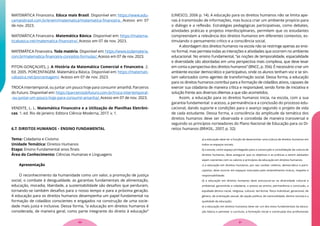 MATEMÁTICA Financeira. Educa mais Brasil. Disponível em: https://www.edu-
camaisbrasil.com.br/enem/matematica/matematica-financeira. Acesso em 07
de nov. 2023.
MATEMÁTICA Financeira. Matemática Básica. Disponível em: https://matema-
ticabasica.net/matematica-financeira/. Acesso em 07 de nov. 2023.
MATEMÁTICA Financeira. Toda matéria. Disponível em: https://www.todamateria.
com.br/matematica-financeira-conceitos-formulas/. Acesso em 07 de nov. 2023.
PITON-GONÇALVES, J. A História da Matemática Comercial e Financeira. 2.
Ed. 2005. PORCENTAGEM. Matemática Básica. Disponível em: https://matemati-
cabasica.net/porcentagem/. Acesso em 07 de nov. 2023.
TROCA intertemporal, ou juntar um pouco hoje para consumir amanhã. Parceiros
do Futuro. Disponível em: https://parceirosdofuturo.com.br/troca-intertemporal-
-ou-juntar-um-pouco-hoje-para-consumir-amanha/. Acesso em 07 de nov. 2023.
VENDITE, L. L. Matemática Financeira e a Utilização de Planilhas Eletrôni-
cas. 1. ed. Rio de Janeiro: Editora Ciência Moderna, 2017. v. 1.
6.7. DIREITOS HUMANOS – ENSINO FUNDAMENTAL
Tema: Cidadania e Civismo
Unidade Temática: Direitos Humanos
Etapa: Ensino Fundamental anos finais
Área do Conhecimento: Ciências Humanas e Linguagens
Apresentação
O reconhecimento da humanidade como um valor, a promoção de justiça
social, o combate à desigualdade, as garantias fundamentais de alimentação,
educação, moradia, liberdade, a sustentabilidade são desafios que perduram,
tornando-se também desafios para o nosso tempo e para a próxima geração.
A educação para os direitos humanos desempenha um papel fundamental na
formação de cidadãos conscientes e engajados na construção de uma socie-
dade mais justa e inclusiva. Dessa forma, “a educação em direitos humanos é
considerada, de maneira geral, como parte integrante do direito à educação”
(UNESCO, 2006 p. 14). A educação para os direitos humanos não se limita ape-
nas à transmissão de informações, mas busca criar um ambiente propício para
o diálogo e a reflexão. Estratégias pedagógicas participativas, como debates,
atividades práticas e projetos interdisciplinares, permitem que os estudantes
compreendam a relevância dos direitos humanos em diferentes contextos, es-
timulando o pensamento crítico e a consciência social.
A abordagem dos direitos humanos na escola não se restringe apenas ao ensi-
no formal, mas permeia todas as interações e atividades que ocorrem no ambiente
educacional. No ensino Fundamental, “as noções de temporalidade, espacialidade
e diversidade são abordadas em uma perspectiva mais complexa, que deve levar
em conta a perspectiva dos direitos humanos” (BNCC, p. 356). É necessário criar um
ambiente escolar democrático e participativo, onde os alunos tenham voz e se sin-
tam valorizados como agentes de transformação social. Dessa forma, a educação
para os direitos humanos contribui para a formação de cidadãos ativos, capazes de
exercer sua cidadania de maneira crítica e responsável, sendo fonte de iniciativa e
solução frente aos diversos dilemas a que são acometidos.
Assim, a educação para os direitos humanos inicia, na escola, com a sua
garantia fundamental: o acesso, a permanência e a conclusão do processo edu-
cacional, dando suporte e condições para o avanço segundo o projeto de vida
de cada estudante. Dessa forma, a consciência da amplitude da temática dos
direitos humanos deve ser observada e concebida de maneira transversal e
seguindo os princípios norteadores do Plano Nacional de Educação para os Di-
reitos humanos (BRASIL, 2007, p. 32):
a) a educação deve ter a função de desenvolver uma cultura de direitos humanos em
todos os espaços sociais;
b) a escola, como espaço privilegiado para a construção e consolidação da cultura de
direitos humanos, deve assegurar que os objetivos e as práticas a serem adotados
sejam coerentes com os valores e princípios da educação em direitos humanos;
c) a educação em direitos humanos, por seu caráter coletivo, democrático e parti-
cipativo, deve ocorrer em espaços marcados pelo entendimento mútuo, respeito e
responsabilidade;
d) a educação em direitos humanos deve estruturar-se na diversidade cultural e
ambiental, garantindo a cidadania, o acesso ao ensino, permanência e conclusão, a
equidade (étnico-racial, religiosa, cultural, territorial, físico-individual, geracional, de
gênero, de orientação sexual, de opção política, de nacionalidade, dentre outras) e a
qualidade da educação;
e) a educação em direitos humanos deve ser um dos eixos fundamentais da educa-
ção básica e permear o currículo, a formação inicial e continuada dos profissionais
31
30
 
