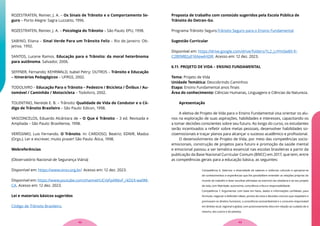 ROZESTRATEN, Reinier, J. A. – Os Sinais de Trânsito e o Comportamento Se-
guro – Porto Alegre: Sagra Luzzatto, 1996.
ROZESTRATEN, Reinier, J. A. – Psicologia do Trânsito – São Paulo: EPU, 1998.
SABINO, Eliana – Sinal Verde Para um Trânsito Feliz – Rio de Janeiro: Ob-
jetiva, 1992.
SANTOS, Lucene Ramos. Educação para o Trânsito: da moral heterônoma
para autônoma. Salvador, 2006.
SEFFNER, Fernando; KEHRWALD, Isabel Petry; OUTROS – Trânsito e Educação
– Itinerários Pedagógicos – UFRGS, 2002.
TODOLIVRO – Educação Para o Trânsito – Pedestre / Bicicleta / Ônibus / Au-
tomóvel / Caminhão / Motocicleta – Todolivro, 2002.
TOLENTINO, Nereide E. B. – Trânsito: Qualidade de Vida do Condutor e o Có-
digo de Trânsito Brasileiro – São Paulo: Edicon, 1998.
VASCONCELOS, Eduardo Alcântara de – O Que é Trânsito – 3 ed. Revisada e
Ampliada – São Paulo: Brasiliense, 1998.
VERÍSSIMO, Luis Fernando. O Trânsito. In: CARDOSO, Beatriz; EDNIR, Madza
(Orgs.). Ler e escrever, muito prazer! São Paulo: Ática, 1998.
Webreferências
(Observatório Nacional de Segurança Viária)
Disponível em: https://www.onsv.org.br/. Acesso em: 12 dez. 2023.
Disponível em: https://www.youtube.com/channel/UCrbFpAR6vF_rkD2X-wa9M-
CA. Acesso em: 12 dez. 2023.
Lei e materiais básicos sugeridos
Código de Trânsito Brasileiro.
Proposta de trabalho com conteúdo sugeridos pela Escola Pública de
Trânsito do Detran-Go.
Programa Trânsito Seguro.Trânsito Seguro para o Ensino Fundamental
Sugestão Curricular
Disponível em: https://drive.google.com/drive/folders/1L2_LnYmSw8X-fr-
C2BEMB2yE16XewAXDR. Acesso em: 12 dez. 2023.
6.11. PROJETO DE VIDA – ENSINO FUNDAMENTAL
Tema: Projeto de Vida
Unidade Temática: Descobrindo Caminhos
Etapa: Ensino Fundamental anos finais
Área do conhecimento: Ciências Humanas, Linguagens e Ciências da Natureza.
Apresentação
A eletiva de Projeto de Vida para o Ensino Fundamental visa orientar os alu-
nos na exploração de suas aspirações, habilidades e interesses, capacitando-os
a tomar decisões conscientes sobre seu futuro. Ao longo do curso, os estudantes
serão incentivados a refletir sobre metas pessoais, desenvolver habilidades so-
cioemocionais e traçar planos para alcançar o sucesso acadêmico e profissional.
O desenvolvimento de Projeto de Vida, por meio das competências socio-
emocionais, construção de projetos para futuro e promoção da saúde mental
e emocional passou a ser temática essencial nas escolas brasileiras a partir da
publicação da Base Nacional Curricular Comum (BNCC) em 2017, que tem, entre
as competências gerais para a educação básica, as seguintes:
Competência 6. Valorizar a diversidade de saberes e vivências culturais e apropriar-se
de conhecimentos e experiências que lhe possibilitem entender as relações próprias do
mundo do trabalho e fazer escolhas alinhadas ao exercício da cidadania e ao seu projeto
de vida, com liberdade, autonomia, consciência crítica e responsabilidade.
Competência 7. Argumentar com base em fatos, dados e informações confiáveis, para
formular, negociar e defender ideias, pontos de vista e decisões comuns que respeitem e
promovam os direitos humanos, a consciência socioambiental e o consumo responsável
em âmbito local, regional e global, com posicionamento ético em relação ao cuidado de si
mesmo, dos outros e do planeta.
43
42
 