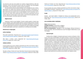 se comunicar, pois seus sons podem ser ouvidos a longas distâncias, além dos
tambores, outros instrumentos de percussão são utilizados nas comunidades
quilombolas, como chocalhos, maracas, guizos e pandeiros.
Os instrumentos de percussão produzem uma variedade de sons e ritmos,
que podem ser usados para expressar diferentes emoções e sentimentos. A
percussão é uma forma importante de expressão cultural para os quilombolas.
Ela é uma forma de manter vivas as suas tradições e de se comunicar com o
mundo ao seu redor. Parte importante não só da cultura quilombola como da
cultura negra de maneira geral. A percussão é uma forma de expressão cultu-
ral, de comunicação e de preservação das tradições.
Objetivo Geral
Preservar a cultura e suas tradições. O ensino e prática ajudam a manter vivas
assuastradições,apercussãotambémpodeserumaformadepromoverainclusão
social e o desenvolvimento econômico das comunidades quilombolas. O ensino da
percussão pode ajudar encaminhar os estudantes para oportunidades de emprego
e renda e pode ajudar a promover a autoestima e a confiança da comunidade.
Referências e Inspirações
SITES E PORTAIS
Percussão Quilombola. Disponível em: https://www.inhotim.org.br/institucio-
nal/brumadinho/jovens-agentes/. Acesso em: 18 dez. 2023.
Não deixe o tambor, morre. Disponível em: https://www.palmares.gov.
br/?p=1733. Acesso em: 18 dez. 2023.
VIDEOS CURTOS
O que é tambor de crioula, tradição quilombola que afina instrumento a fogo |
QUILOMBOS DO BRASIL. Disponível em: https://www.youtube.com/watch?v=k-
Cq8vGP-VaY. Acesso em: 18 dez. 2023.
São João: conheça o Tambor de Crioula, Patrimônio Cultural Imaterial do Brasil. Dispo-
nível em: https://www.youtube.com/watch?v=URc5tawI9wA. Acesso em: 18 dez. 2023.
História do Tambor de Criola. Disponível em: https://www.youtube.com/wat-
ch?v=Y1T4xvzWXZ4. Acesso em: 18 dez. 2023.
O que é tambor de crioula, tradição quilombola que afina instrumento a fogo |
QUILOMBOS DO BRASIL. Disponível em: https://www.youtube.com/watch?v=k-
Cq8vGP-VaY&t=1s. Acesso em: 18 dez. 2023.
FILME
PUNGA - UM FILME SOBRE O TAMBOR DE CRIOULA DO MARANHÃO (2017).
Disponível em: https://www.youtube.com/watch?v=92f2CFYbe74. Acesso em:
18 dez. 2023.
6.38. HISTÓRIA AFRO E INDÍGENA
Tema: Multiculturalismo
Unidade Temática: História Afro e indígena
Etapa: Ensino Fundamental e Ensino Médio
Área do Conhecimento: Linguagens e suas Tecnologias, Ciências Humanas e
Sociais Aplicadas, Ciências da Natureza e suas Tecnologias e Matemática e suas
Tecnologias.
Apresentação
A eletiva afro e indígena, é proposta para que os alunos conheçam a histó-
ria da construção da identidade e formação do Brasil, a importância dos povos
indígenas, dos Africanos e suas lutas pela superação do racismo e das desigual-
dades, reconhecimentos e valorizações de elementos fundamentais e alicerçais
das suas histórias. A eletiva Afro e indígena, além de estar sintonizada com o
que preconiza a lei 11.645/2008, é de suma importância para despertar a sen-
sibilidade acerca da histórica e cultura dos povos afro e indígenas. Embora tal
contribuição seja trabalhada de maneira esparsa ao longo de outras áreas de
conhecimento, entende-se que seja de grande valia a concentração historio-
gráfica, teórica e metodológica deste campo de estudos em uma eletiva. Está
eletiva pretende estabelecer relações entre passado e presente, discutindo mu-
danças e permanências de conceitos estruturados nas relações sociais.
105
104
 