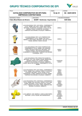 GGRRUUPPOO TTÉÉCCNNIICCOO CCOORRPPOORRAATTIIVVOO DDEE EEPPII
TÍTULO:
CATÁLOGO CORPORATIVO DE EPI PARA
EMPRESAS CONTRATADAS
PÁGINA:
12 de 31
REVISÃO:
02 - 04/01/2010
RESPONSÁVEL TÉCNICO:
Fábio Mota Ribeiro de Oliveira
EXECUTANTE:
SESMT / Gerências / Suprimentos
RECURSOS NECESSÁRIOS:
NOR 0052
GGRRUUPPOO TTÉÉCCNNIICCOO DDEE EEPPII
LUVA SEGURANÇA TIPO: USO GERAL, COMPRIMENTO
TOTAL: 250MM, COR: AZUL / CINZA, SEM FORRO,
MATERIAL: POLIÉSTER / ALGODÃO / LÁTEX, PALMA:
ÁSPERA, PUNHO: POLIÉSTER / ALGODÃO,
TEMPERATURA MÁXIMA UTILIZAÇÃO: AMBIENTE
ANSELL
LUVA SEGURANÇA TIPO: ALTA TEMPERATURA,
COMPRIMENTO TOTAL: 250MM, COR: AZUL /
AMARELA, SEM FORRO, MATERIAL: KEVLAR / LÁTEX,
PALMA: ÁSPERA, PUNHO: KEVLAR
ANSELL
LUVA SEGURANÇA TIPO: BAIXA TEMPERATURA,
COMPRIMENTO TOTAL: 250MM, COR: MARROM,
FORRO: ISOLANTE SINTETICO, MATERIAL: PVC,
PUNHO: NORMAL, REQUISITOS ADICIONAIS:
ACABAMENTO CORRUGADO, TEMPERATURA MÁXIMA
UTILIZAÇÃO: -25°C
ANSELL
MAPA
LUVA SEGURANCA TIPO: PRODUTOS QUIMICOS,
MATERIAL: PVC, COR: VERDE, PALMA: GRANULADA
GROSSA, PUNHO: PVC, DORSO: NORMAL,
TEMPERATURA MAXIMA UTILIZACAO: AMBIENTE,
FORRO: MALHA DE ALGODAO, COMPRIMENTO TOTAL:
360MM
DURÁVEIS
DANNY
LUVA SEGURANÇA TIPO: USO GERAL, COMPRIMENTO
TOTAL: 330MM, COR: LARANJA, FORRO: FLOCOS DE
ALGODÃO, MATERIAL: LATEX, PALMA: LATEX,
ESPESSURA: 0,74MM, TAMANHO DO PUNHO: 200MM,
TEMPERATURA MÁXIMA UTILIZAÇÃO: AMBIENTE
ANSELL
MAPA
DANNY
PROMAT
MUCAMBO
LUVA SEGURANÇA TIPO: CIRÚRGICA, COMPRIMENTO
TOTAL: 250MM, COR: NATURAL, DORSO: LATEX, SEM
FORRO, MATERIAL: LATEX, PALMA: LISA, PUNHO:
LATEX, TAMANHO DO PUNHO: 70MM, TEMPERATURA
MÁXIMA UTILIZAÇÃO: AMBIENTE
ANSELL
MAPA
DANNY
MUCAMBO
SANRO
LUVA LIMPEZA, COR: AMARELA, COM OU SEM FORRO,
MATERIAL: LATEX, PALMA: ANTI-DERRAPANTE
ANSELL
MAPA
DANNY
PROMAT
MUCAMBO
SEIKI
SANRO
 