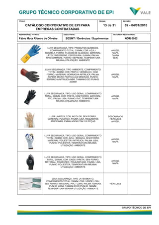 GGRRUUPPOO TTÉÉCCNNIICCOO CCOORRPPOORRAATTIIVVOO DDEE EEPPII
TÍTULO:
CATÁLOGO CORPORATIVO DE EPI PARA
EMPRESAS CONTRATADAS
PÁGINA:
13 de 31
REVISÃO:
02 - 04/01/2010
RESPONSÁVEL TÉCNICO:
Fábio Mota Ribeiro de Oliveira
EXECUTANTE:
SESMT / Gerências / Suprimentos
RECURSOS NECESSÁRIOS:
NOR 0052
GGRRUUPPOO TTÉÉCCNNIICCOO DDEE EEPPII
LUVA SEGURANÇA, TIPO: PRODUTOS QUÍMICOS,
COMPRIMENTO TOTAL: 330MM, COR: AZUL /
AMARELA, FORRO: FLOCOS DE ALGODÃO, MATERIAL:
LÁTEX / NEOPRENE, ESPESSURA: 0,69MM, PALMA:
TIPO DIAMANTE, PUNHO: NEPRENE, TEMPERATURA
MÁXIMA UTILIZAÇÃO: AMBIENTE
ANSELL
MAPA
DANNY
SEIKI
LUVA SEGURANÇA, TIPO: AMBIENTE, COMPRIMENTO
TOTAL: 360MM, COR: PRETA / VERMELHO, COM
FORRO, MATERIAL: BORRACHA NITRILICA, PALMA:
ASPERA MICRO PARTICULAS MINERAIS, PUNHO:
BORRACHA NITRILICA-NBR, TAMANHO DO PUNHO:
200MM
ANSELL
MAPA
LUVA SEGURANÇA, TIPO: USO GERAL, COMPRIMENTO
TOTAL: 360MM, COR: PRETA, COM FORRO, MATERIAL:
PVC, PALMA: LISA, PUNHO: PVC, TEMPERATURA
MÁXIMA UTILIZAÇÃO: AMBIENTE
ANSELL
MAPA
LUVA LIMPEZA, COR: INCOLOR, SEM FORRO,
MATERIAL: PLÁSTICA, PALMA: LISA, REQUISITOS
ADICIONAIS: EMBALAGEM COM 100 PEÇAS
DESCARPACK
HÉRCULES
ANSELL
LUVA SEGURANÇA, TIPO: USO GERAL, COMPRIMENTO
TOTAL: 250MM, COR: AZUL / BRANCA, SEM FORRO,
MATERIAL: POLIÉSTER / NITRÍLICA, PALMA: LISA,
PUNHO: POLIÉSTER, TEMPERATURA MÁXIMA
UTILIZAÇÃO: AMBIENTE
ANSELL
MAPA
LUVA SEGURANÇA, TIPO: USO GERAL, COMPRIMENTO
TOTAL: 250MM, COR: CINZA / PRETA, SEM FORRO,
MATERIAL: POLIÉSTER / POLIURETANO, PALMA: LISA,
PUNHO: POLIÉSTER, TEMPERATURA MÁXIMA
UTILIZAÇÃO: AMBIENTE
ANSELL
MAPA
LUVA SEGURANÇA, TIPO: JATEAMENTO,
COMPRIMENTO TOTAL: 760MM, COR: VERDE / CRU,
SEM FORRO, MATERIAL: PVC / LONA, PALMA: ÁSPERA,
PUNHO: LONA, TAMANHO DO PUNHO: 560MM,
TEMPERATURA MÁXIMA UTILIZAÇÃO: AMBIENTE
HÉRCULES
 