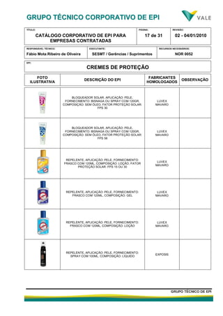 GGRRUUPPOO TTÉÉCCNNIICCOO CCOORRPPOORRAATTIIVVOO DDEE EEPPII
TÍTULO:
CATÁLOGO CORPORATIVO DE EPI PARA
EMPRESAS CONTRATADAS
PÁGINA:
17 de 31
REVISÃO:
02 - 04/01/2010
RESPONSÁVEL TÉCNICO:
Fábio Mota Ribeiro de Oliveira
EXECUTANTE:
SESMT / Gerências / Suprimentos
RECURSOS NECESSÁRIOS:
NOR 0052
GGRRUUPPOO TTÉÉCCNNIICCOO DDEE EEPPII
EPI:
CREMES DE PROTEÇÃO
FOTO
ILUSTRATIVA
DESCRIÇÃO DO EPI
FABRICANTES
HOMOLOGADOS
OBSERVAÇÃO
BLOQUEADOR SOLAR, APLICAÇÃO: PELE,
FORNECIMENTO: BISNAGA OU SPRAY COM 120GR,
COMPOSIÇÃO: SEM ÓLEO, FATOR PROTEÇÃO SOLAR:
FPS 30
LUVEX
MAVARO
BLOQUEADOR SOLAR, APLICAÇÃO: PELE,
FORNECIMENTO: BISNAGA OU SPRAY COM 120GR,
COMPOSIÇÃO: SEM ÓLEO, FATOR PROTEÇÃO SOLAR:
FPS 58
LUVEX
MAVARO
REPELENTE, APLICAÇÃO: PELE, FORNECIMENTO:
FRASCO COM 120ML, COMPOSIÇÃO: LOÇÃO, FATOR
PROTEÇÃO SOLAR: FPS 15 OU 30
LUVEX
MAVARO
REPELENTE, APLICAÇÃO: PELE, FORNECIMENTO:
FRASCO COM 120ML, COMPOSIÇÃO: GEL
LUVEX
MAVARO
REPELENTE, APLICAÇÃO: PELE, FORNECIMENTO:
FRASCO COM 120ML, COMPOSIÇÃO: LOÇÃO
LUVEX
MAVARO
REPELENTE, APLICAÇÃO: PELE, FORNECIMENTO:
SPRAY COM 100ML, COMPOSIÇÃO: LÍQUIDO
EXPOSIS
 