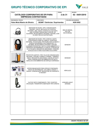 GGRRUUPPOO TTÉÉCCNNIICCOO CCOORRPPOORRAATTIIVVOO DDEE EEPPII
TÍTULO:
CATÁLOGO CORPORATIVO DE EPI PARA
EMPRESAS CONTRATADAS
PÁGINA:
2 de 31
REVISÃO:
02 - 04/01/2010
RESPONSÁVEL TÉCNICO:
Fábio Mota Ribeiro de Oliveira
EXECUTANTE:
SESMT / Gerências / Suprimentos
RECURSOS NECESSÁRIOS:
NOR 0052
GGRRUUPPOO TTÉÉCCNNIICCOO DDEE EEPPII
ABAFADOR DE RUÍDO, TIPO: COMUNICADOR -
HEADSET, HASTE: METÁLICA OU PLÁSTICA,
MATERIAL: ABS, HASTE: PLÁSTICA OU AÇO INOX,
ANEL INTERNO PREENCHIDO COM GEL DE
GLICERINA, REVESTIMENTO INTERNO: ESPUMA, COM
OU SEM TIRA DE SUSTENTAÇÃO
MSA DO BRASIL
PELTOR
3M DO BRASIL
ABAFADOR DE RUÍDO, TIPO: CONCHA, HASTE:
POSICIONADA ACIMA DA CABEÇA / ALMOFADA,
MATERIAL: POLIETILENO, PROTEÇÃO DOS OUVIDOS A
RUÍDOS SUPERIORES A 85 E MENOS DE 113
DECIBÉIS, REVESTIMENTO INTERNO: ESPUMA,
ACIONADO POR BOTÃO, CAPTA O SOM AMBIENTE E O
REPRODUZ INTERNAMENTE A CONCHA, ATRAVÉS DE
ALTO FALANTE, REQUISITOS ADICIONAIS: CONEXÃO
DE BLUETOOTH PARA TELEFONES CELULARES
SENSEAR
PROTETOR AUDITIVO, TIPO: PLUG DE COMUNICAÇÃO,
MATERIAL: ESPUMA, FORMATO: NORMAL, TAMANHO:
ÚNICO, REQUISITOS ADICIONAIS: COM BLUETOOTH
PARA COMUNICAÇÃO EM AMBIENTES DE MUITO
BARULHO E EM AMBIENTES DE ESPAÇO CONFINADO
SENSEAR
INTERCOMUNICADOR PARA ESPAÇO CONFINADO,
TROCA DE INFORMAÇÃO: VIA CABOS, SAÍDAS: 5
SAÍDAS, COMUNICAÇÃO: MICROFONE DE GARGANTA
E HEADSET
HÉRCULES
CLIP DE CINTO COMPONENTE, TIPO: PLÁSTICO,
APLICAÇÃO: TRANSPORTE ABAFADOR TIPO CONCHA
HOWARD LEIGHT
SPERIAN
 
