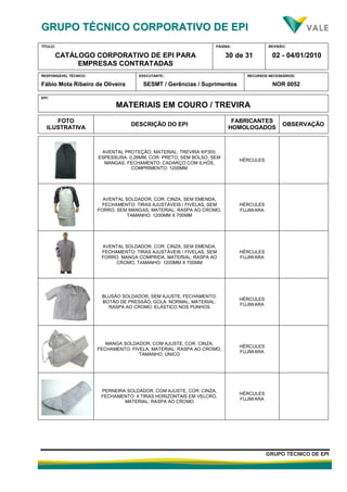 GGRRUUPPOO TTÉÉCCNNIICCOO CCOORRPPOORRAATTIIVVOO DDEE EEPPII
TÍTULO:
CATÁLOGO CORPORATIVO DE EPI PARA
EMPRESAS CONTRATADAS
PÁGINA:
30 de 31
REVISÃO:
02 - 04/01/2010
RESPONSÁVEL TÉCNICO:
Fábio Mota Ribeiro de Oliveira
EXECUTANTE:
SESMT / Gerências / Suprimentos
RECURSOS NECESSÁRIOS:
NOR 0052
GGRRUUPPOO TTÉÉCCNNIICCOO DDEE EEPPII
EPI:
MATERIAIS EM COURO / TREVIRA
FOTO
ILUSTRATIVA
DESCRIÇÃO DO EPI
FABRICANTES
HOMOLOGADOS
OBSERVAÇÃO
AVENTAL PROTEÇÃO, MATERIAL: TREVIRA KP300,
ESPESSURA: 0,28MM, COR: PRETO, SEM BOLSO, SEM
MANGAS, FECHAMENTO: CADARÇO COM ILHÓS,
COMPRIMENTO: 1200MM
HÉRCULES
AVENTAL SOLDADOR, COR: CINZA, SEM EMENDA,
FECHAMENTO: TIRAS AJUSTÁVEIS / FIVELAS, SEM
FORRO, SEM MANGAS, MATERIAL: RASPA AO CROMO,
TAMANHO: 1200MM X 700MM
HÉRCULES
FUJIWARA
AVENTAL SOLDADOR, COR: CINZA, SEM EMENDA,
FECHAMENTO: TIRAS AJUSTÁVEIS / FIVELAS, SEM
FORRO, MANGA COMPRIDA, MATERIAL: RASPA AO
CROMO, TAMANHO: 1200MM X 700MM
HÉRCULES
FUJIWARA
BLUSÃO SOLDADOR, SEM AJUSTE, FECHAMENTO:
BOTÃO DE PRESSÃO, GOLA: NORMAL, MATERIAL:
RASPA AO CROMO, ELÁSTICO NOS PUNHOS
HÉRCULES
FUJIWARA
MANGA SOLDADOR, COM AJUSTE, COR: CINZA,
FECHAMENTO: FIVELA, MATERIAL: RASPA AO CROMO,
TAMANHO: ÚNICO
HÉRCULES
FUJIWARA
PERNEIRA SOLDADOR, COM AJUSTE, COR: CINZA,
FECHAMENTO: 4 TIRAS HORIZONTAIS EM VELCRO,
MATERIAL: RASPA AO CROMO
HÉRCULES
FUJIWARA
 