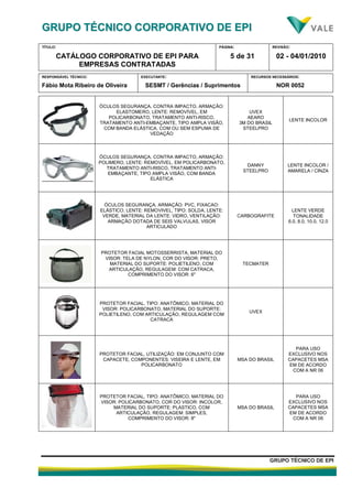 GGRRUUPPOO TTÉÉCCNNIICCOO CCOORRPPOORRAATTIIVVOO DDEE EEPPII
TÍTULO:
CATÁLOGO CORPORATIVO DE EPI PARA
EMPRESAS CONTRATADAS
PÁGINA:
5 de 31
REVISÃO:
02 - 04/01/2010
RESPONSÁVEL TÉCNICO:
Fábio Mota Ribeiro de Oliveira
EXECUTANTE:
SESMT / Gerências / Suprimentos
RECURSOS NECESSÁRIOS:
NOR 0052
GGRRUUPPOO TTÉÉCCNNIICCOO DDEE EEPPII
ÓCULOS SEGURANÇA, CONTRA IMPACTO, ARMAÇÃO:
ELASTOMERO, LENTE: REMOVÍVEL, EM
POLICARBONATO, TRATAMENTO ANTI-RISCO,
TRATAMENTO ANTI-EMBAÇANTE, TIPO AMPLA VISÃO,
COM BANDA ELÁSTICA, COM OU SEM ESPUMA DE
VEDAÇÃO
UVEX
AEARO
3M DO BRASIL
STEELPRO
LENTE INCOLOR
ÓCULOS SEGURANÇA, CONTRA IMPACTO, ARMAÇÃO:
POLIMERO, LENTE: REMOVÍVEL, EM POLICARBONATO,
TRATAMENTO ANTI-RISCO, TRATAMENTO ANTI-
EMBAÇANTE, TIPO AMPLA VISÃO, COM BANDA
ELÁSTICA
DANNY
STEELPRO
LENTE INCOLOR /
AMARELA / CINZA
ÓCULOS SEGURANÇA, ARMAÇÃO: PVC, FIXACAO:
ELÁSTICO, LENTE: REMOVIVEL, TIPO: SOLDA, LENTE:
VERDE, MATERIAL DA LENTE: VIDRO, VENTILAÇÃO:
ARMAÇÃO DOTADA DE SEIS VALVULAS, VISOR
ARTICULADO
CARBOGRAFITE
LENTE VERDE
TONALIDADE
6.0, 8.0, 10.0, 12.0
PROTETOR FACIAL MOTOSSERRISTA, MATERIAL DO
VISOR: TELA DE NYLON, COR DO VISOR: PRETO,
MATERIAL DO SUPORTE: POLIETILENO, COM
ARTICULAÇÃO, REGULAGEM: COM CATRACA,
COMPRIMENTO DO VISOR: 6"
TECMATER
PROTETOR FACIAL, TIPO: ANATÔMICO, MATERIAL DO
VISOR: POLICARBONATO, MATERIAL DO SUPORTE:
POLIETILENO, COM ARTICULAÇÃO, REGULAGEM COM
CATRACA
UVEX
PROTETOR FACIAL, UTILIZAÇÃO: EM CONJUNTO COM
CAPACETE, COMPONENTES: VISEIRA E LENTE, EM
POLICARBONATO
MSA DO BRASIL
PARA USO
EXCLUSIVO NOS
CAPACETES MSA
EM DE ACORDO
COM A NR 06
PROTETOR FACIAL, TIPO: ANATÔMICO, MATERIAL DO
VISOR: POLICARBONATO, COR DO VISOR: INCOLOR,
MATERIAL DO SUPORTE: PLASTICO, COM
ARTICULAÇÃO, REGULAGEM: SIMPLES,
COMPRIMENTO DO VISOR: 8"
MSA DO BRASIL
PARA USO
EXCLUSIVO NOS
CAPACETES MSA
EM DE ACORDO
COM A NR 06
 