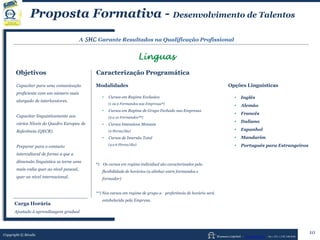 Human Capital – www.seculis.com - Int+351+218 540 830
Proposta Formativa - Desenvolvimento de Talentos
A SHC Garante Resultados na Qualificação Profissional
Línguas
Objetivos Caracterização Programática
Modalidades
• Cursos em Regime Exclusivo
(1 ou 2 Formandos nas Empresas*)
• Cursos em Regime de Grupo Fechado nas Empresas
(3 a 10 Formandos**)
• Cursos Intensivos Mensais
(2 Horas/dia)
• Cursos de Imersão Total
(4 a 6 Horas/dia)
*) Os cursos em regime individual são caracterizados pela
flexibilidade de horários (a alinhar entre formandos e
formador)
**) Nos cursos em regime de grupo a preferência de horário será
estabelecida pela Empresa.
Capacitar para uma comunicação
proficiente com um número mais
alargado de interlocutores.
Capacitar linguisticamente aos
vários Níveis do Quadro Europeu de
Referência (QECR).
Preparar para o contacto
intercultural de forma a que a
dimensão linguística se torne uma
mais-valia quer ao nível pessoal,
quer ao nível internacional.
Copyright © Séculis
Opções Linguísticas
• Inglês
• Alemão
• Francês
• Italiano
• Espanhol
• Mandarim
• Português para Estrangeiros
10
Carga Horária
Ajustado à aprendizagem gradual
 