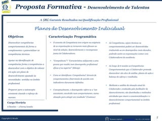 Human Capital – www.seculis.com - Int+351+218 540 830
Proposta Formativa - Desenvolvimento de Talentos
A SHC Garante Resultados na Qualificação Profissional
Planos de Desenvolvimento Individual
Objetivos Caracterização Programática
 O conceito de Competência tem origem na exigência
de as organizações se tornarem mais eficazes ao
nível da seleção, desenvolvimento e recompensas
justas de Colaboradores.
 “Competência”? “Característica subjacente a uma
pessoa que resulta num desempenho profissional
eficaz e/ou superior” (Klemp)
 Como se identificam Competências? Através de
comportamentos observáveis de acordo com
indicadores claramente definidos.
 Conceptualmente, o desempenho refere-se a “um
executante, envolvido num comportamento, numa
situação para atingir um resultado” (Caetano)
 As Competências, sejam técnicas ou
comportamentais podem ser desenvolvidas
traduzindo-se em desempenhos mais elevados,
podendo assim as organizações contar com
Colaboradores de excelência.
 Ao longo de 6 sessões as Competências
Comportamentais que o Colaborador pretende
desenvolver são alvo de análise, planos de ação e
balanço de esforço e resultados.
 Mediante a análise da situação atual do
Colaborador, conduzida pelo facilitador de
desenvolvimento, são desenhadas e realizadas
atividades que visam a consciencialização e o
desenvolvimento comportamental no âmbito
profissional.
Desenvolver competências
comportamentais de forma a
complementar e potencializar as
competências técnicas.
Apoiar na identificação de
competências fortes e competências a
desenvolver com o objetivo de colocar
em ação um plano de
desenvolvimento ajustado às
necessidades sentidas no âmbito
profissional.
Preparar para a autoscopia
constante visando o reforço do
sucesso.
Copyright © Séculis
5
Carga Horária
6 Sessões – 2 horas/sessão
 