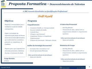Human Capital – www.seculis.com - Int+351+218 540 830
Proposta Formativa - Desenvolvimento de Talentos
A SHC Garante Resultados na Qualificação Profissional
Shift Myself
Objetivos Programa
Enquadramento
• O mundo do Trabalho na Contemporaneidade
• Encontrar trabalho dá trabalho
• A Atitude-Chave
• A Imagem, o que Comunica?
• Competências Técnicas vs. Competências
Comportamentais
• O Impacto da Comunicação - Motivação e Energia
Análise da Estratégia Documental
• Curriculum Vitae– como destacar-me?
• Carta de Apresentação/Motivação
Follow-up da Internalização da Aprendizagem
• Espaço para Questões
A Entrevista Presencial
• Role Play (filmado)
• Visionamento do vídeo e reflexão sobre os
comportamentos adotados vs comportamentos
espectáveis
Follow-up da Internalização da Aprendizagem
• Espaço para questões
Dinâmicas de Grupo
• Role Play (filmado)
• Visionamento do vídeo e reflexão sobre os
comportamentos adotados vs comportamentos
espectáveis
Follow-up da Internalização da Aprendizagem
• Espaço para questões
Despertar e consciencializar para a
realidade do mundo do trabalho
contemporâneo.
Captar a curiosidade dos
responsáveis pela seleção de Pessoas
através de Curricula diferenciadores
que revelem de forma consistente o
potencial e as competências do
Candidato.
Preparar para o que é espectável em
entrevistas presenciais e dinâmicas
de grupo, em processos de seleção.
Copyright © Séculis
8
Carga Horária
16 horas
 