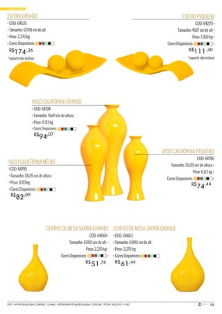 06SITE: WWW.DELACASA.COM.BR | E-MAIL: ATENDIMENTO@DELACASA.COM.BR | FONE (43)3351-9182
VASO CALIFÓRNIA MÉDIO
•COD: 64795
• Tamanho: 13x35 cm de altura
• Peso: 0,83 kg
• Cores Disponíveis:
VASO CALIFÓRNIA GRANDE
• COD: 64794
• Tamanho: 15x41 cm de altura
• Peso: 0,93 kg
VASO CALIFÓRNIA PEQUENO
COD: 64796
Tamanho: 12x29 cm de altura •
Peso: 0,63 kg •
Cores Disponíveis: •
94R$ ,07
• Cores Disponíveis:
82R$ ,09
74R$ ,44
ESFERA GRANDE
• COD: 64535
• Tamanho: 67X10 cm de alt.
• Peso: 2,270 kg
• Cores Disponíveis:
174R$ ,36
ESFERA PEQUENA
COD: 64229 •
Tamanho: 45X7 cm de alt •
Peso: 1,350 kg •
Cores Disponíveis: •
111R$ ,40
CENTRO DE MESA SAFIRA GRANDE
COD: 64664 •
Tamanho: 67X10 cm de alt. •
Peso: 2,270 kg •
Cores Disponíveis: •
CENTRO DE MESA SAFIRA GRANDE
• COD: 64663
• Tamanho: 67X10 cm de alt.
• Peso: 2,270 kg
• Cores Disponíveis:
6151 R$R$ ,44,76
• BASIC YELLOW
*suporte não incluso*suporte não incluso
 